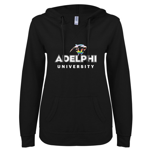  ENZA Womens Black V Notch Raw Edge Fleece Hoodie - Adelphi Pride University Institutional