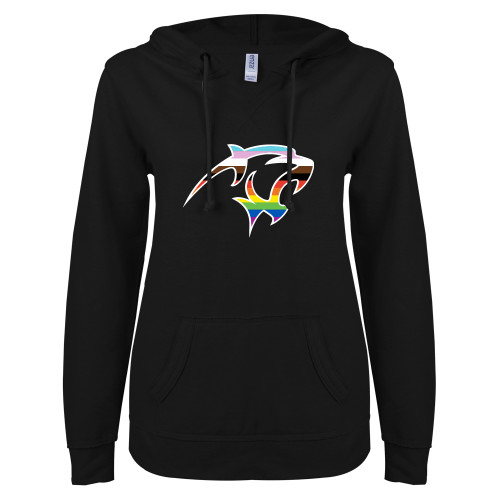 ENZA Womens Black V Notch Raw Edge Fleece Hoodie - Adelphi Pride Mascot Head
