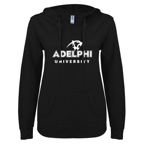  ENZA Womens Black V Notch Raw Edge Fleece Hoodie - Panther Head Adelphi University