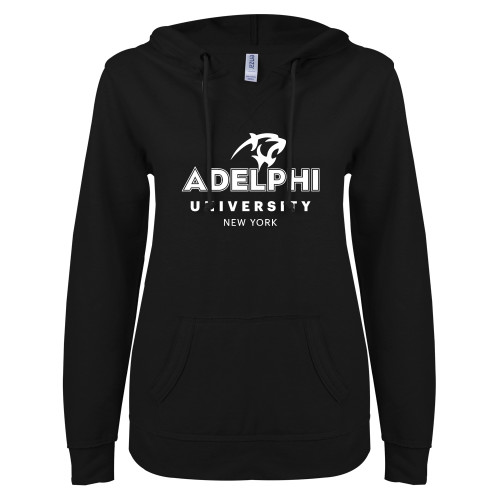 ENZA Womens Black V Notch Raw Edge Fleece Hoodie - Panther Head Adelphi University New York
