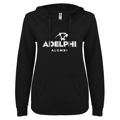  ENZA Womens Black V Notch Raw Edge Fleece Hoodie - Alumni