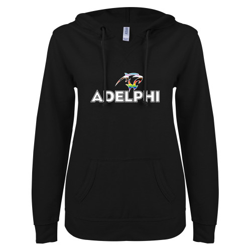  ENZA Womens Black V Notch Raw Edge Fleece Hoodie - Adelphi Pride Institutional