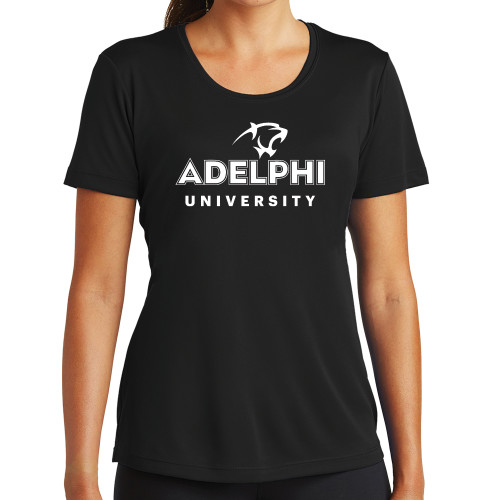  Womens Black Performance Tee - Panther Head Adelphi University