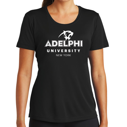  Womens Black Performance Tee - Panther Head Adelphi University New York