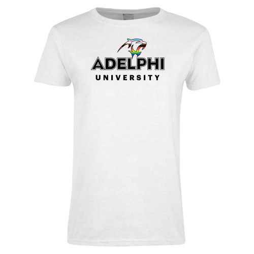  Womens White Short Sleeve Tee - Adelphi Pride University Institutional