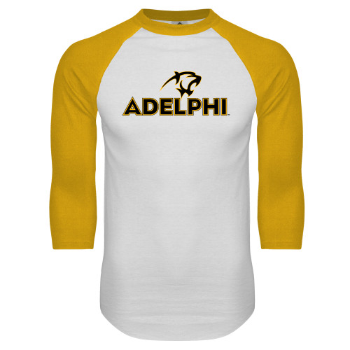  White/Gold Raglan Baseball T Shirt - Adelphi with Panther Head