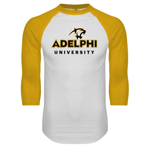  White/Gold Raglan Baseball T Shirt - Panther Head Adelphi University