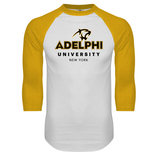  White/Gold Raglan Baseball T Shirt - Panther Head Adelphi University New York