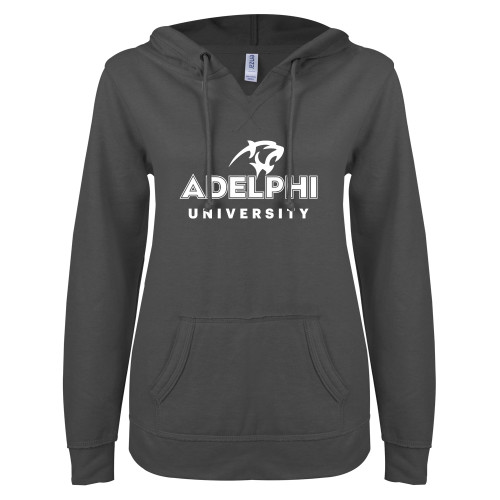  ENZA Womens Dark Heather V Notch Raw Edge Fleece Hoodie - Panther Head Adelphi University