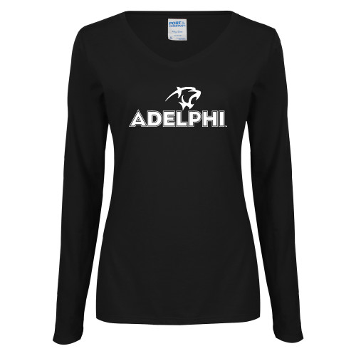  Womens Black Long Sleeve V Neck Tee  - Adelphi with Panther Head