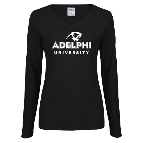  Womens Black Long Sleeve V Neck Tee  - Panther Head Adelphi University
