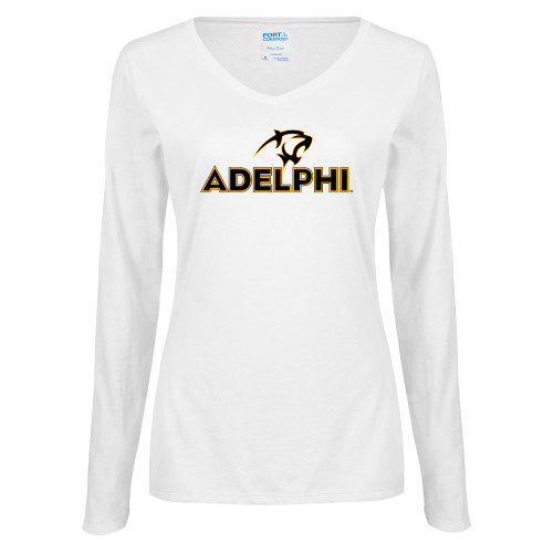  Womens White Long Sleeve V Neck Tee - Adelphi with Panther Head