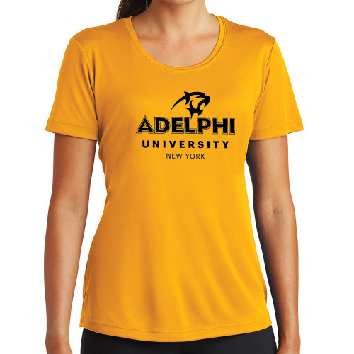  Womens Gold Performance Short Sleeve Tee - Panther Head Adelphi University New York