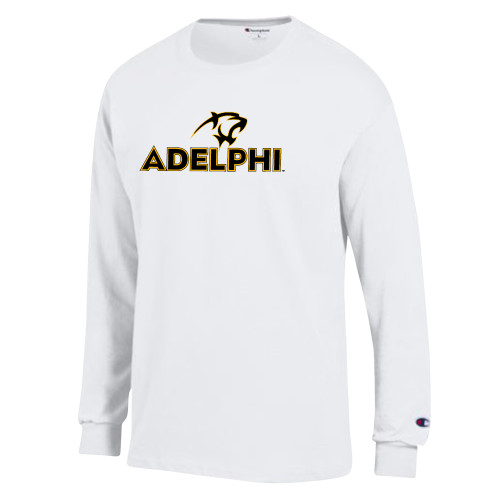  Champion White Long Sleeve T Shirt - Adelphi with Panther Head