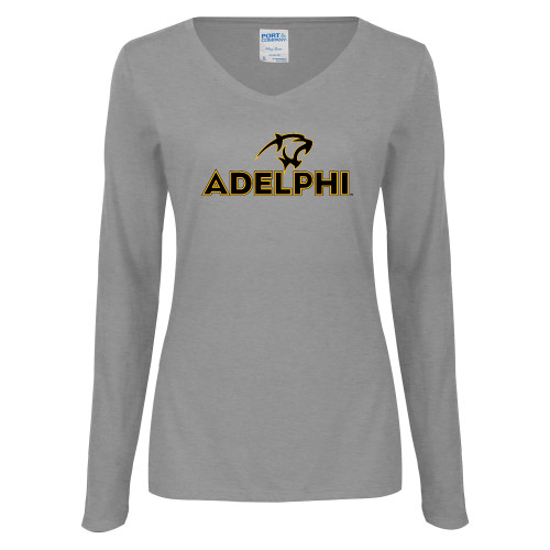  Womens Grey Long Sleeve V Neck Tee  - Adelphi with Panther Head