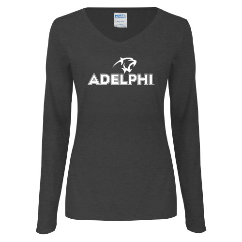  Womens Dark Heather Long Sleeve V Neck Tee  - Adelphi with Panther Head