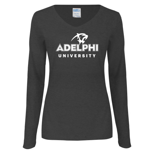  Womens Dark Heather Long Sleeve V Neck Tee  - Panther Head Adelphi University