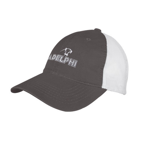  Charcoal/White Mesh Back Unstructured Low Profile Hat - Adelphi with Panther Head