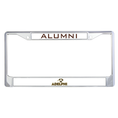  Alumni Metal License Plate Frame in Chrome - Adelphi with Panther Head
