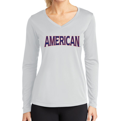  Womens White Performance Long Sleeve V Neck Shirt - Wordmark