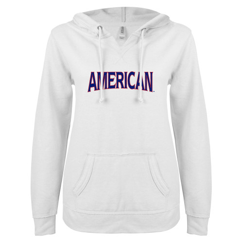  ENZA Womens White V Notch Raw Edge Fleece Hoodie - Wordmark