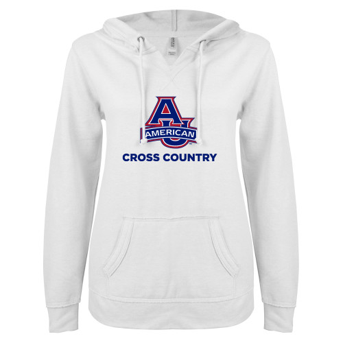  ENZA Womens White V Notch Raw Edge Fleece Hoodie - Cross Country