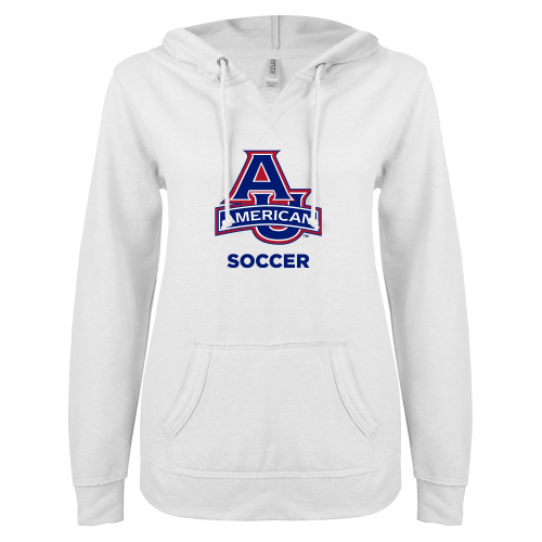  ENZA Womens White V Notch Raw Edge Fleece Hoodie - Soccer