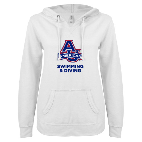  ENZA Womens White V Notch Raw Edge Fleece Hoodie - Swimming and Diving