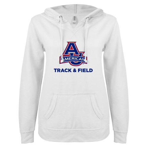  ENZA Womens White V Notch Raw Edge Fleece Hoodie - Track and Field