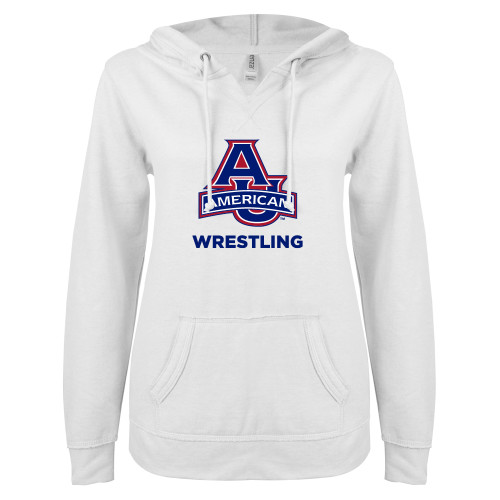  ENZA Womens White V Notch Raw Edge Fleece Hoodie - Wrestling
