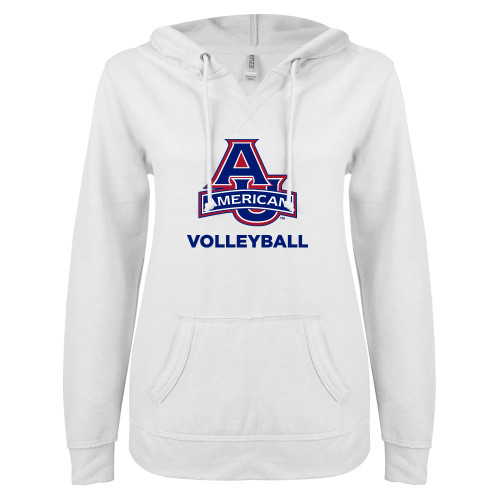 American University ENZA Womens White V Notch Raw Edge Fleece Hoodie