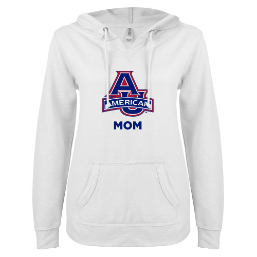  ENZA Womens White V Notch Raw Edge Fleece Hoodie - Mom