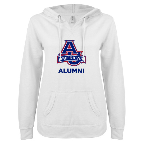  ENZA Womens White V Notch Raw Edge Fleece Hoodie - Alumni