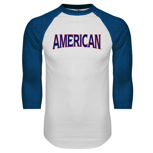  White/Royal Raglan Baseball T Shirt - Wordmark