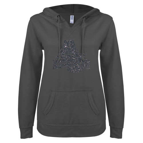  ENZA Womens Dark Heather V Notch Raw Edge Fleece Hoodie - Primary Mark Graphite Soft Glitter