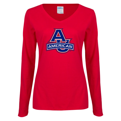  Womens Red Long Sleeve V Neck Tee - Primary Mark