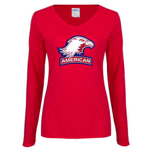  Womens Red Long Sleeve V Neck Tee - Primary Mark 2