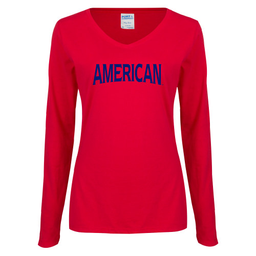  Womens Red Long Sleeve V Neck Tee - Wordmark