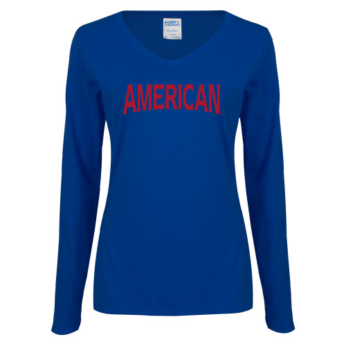  Womens Royal Long Sleeve V Neck Tee  - Wordmark