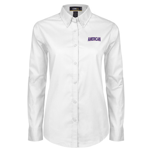  Womens White Twill Button Down Long Sleeve - Wordmark