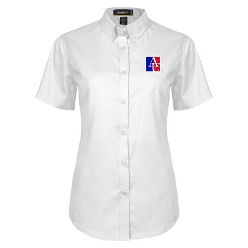 American Womens White Twill Button Up Short Sleeve - American University Institutional AU Square