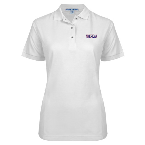  Womens Silk Touch White Pique Polo - Wordmark