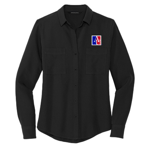 American Mercer + Mettle Womens Black Crepe Long Sleeve Camp Blouse - American University Institutional AU Square