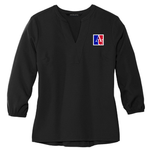 American Mercer + Mettle Womens Black 3/4 Sleeve Crepe Blouse - American University Institutional AU Square
