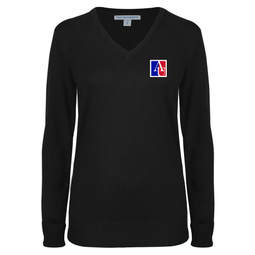 American Womens Black VNeck Sweater  - American University Institutional AU Square
