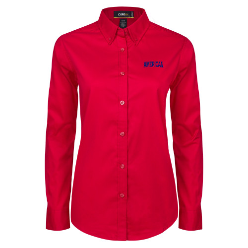  Womens Red Twill Button Down Long Sleeve  - Wordmark