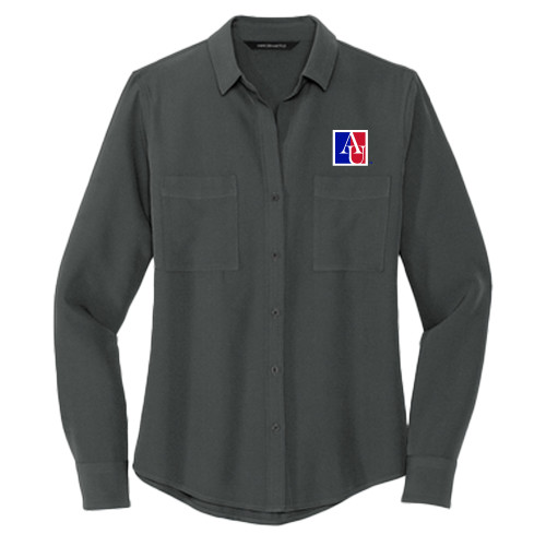 American Mercer + Mettle Womens Grey Crepe Long Sleeve Camp Blouse - American University Institutional AU Square