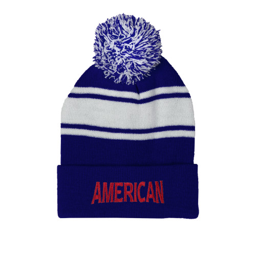  Royal/White Two Tone Knit Pom Beanie w/Cuff - Wordmark