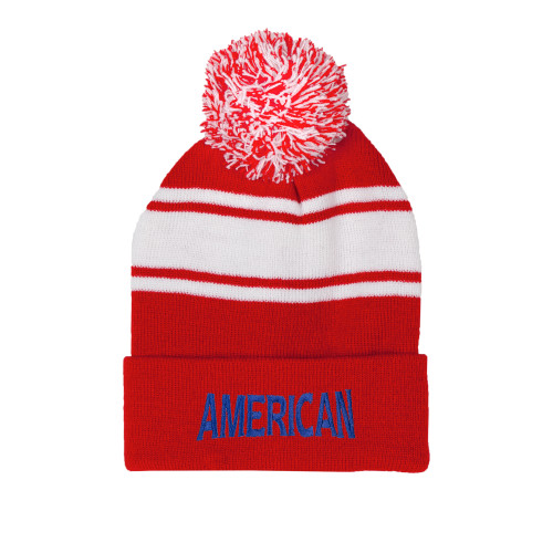  Red/White Two Tone Knit Pom Beanie w/Cuff - Wordmark
