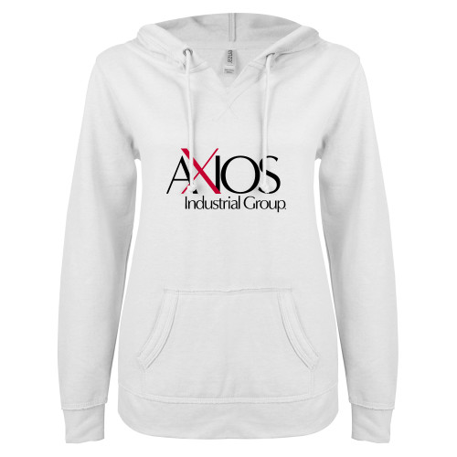  ENZA Womens White V Notch Raw Edge Fleece Hoodie - AXIOS Industrial Group